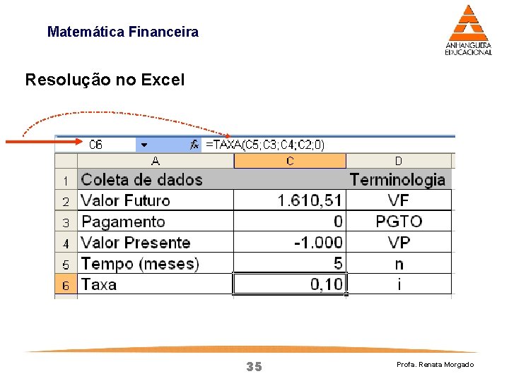 Matemática Financeira Resolução no Excel 35 Profa. Renata Morgado Matemática Financeira Resolução no Excel 35 Profa. Renata Morgado