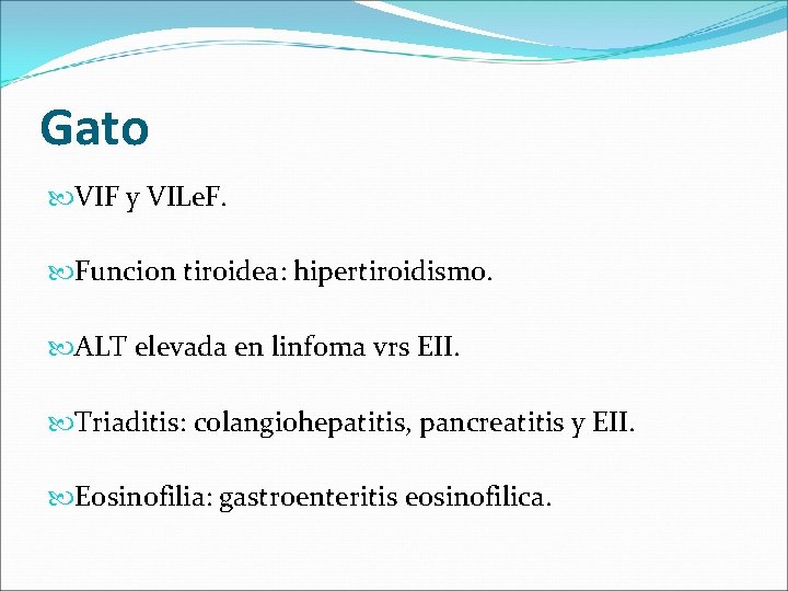 Gato VIF y VILe. F. Funcion tiroidea: hipertiroidismo. ALT elevada en linfoma vrs EII.