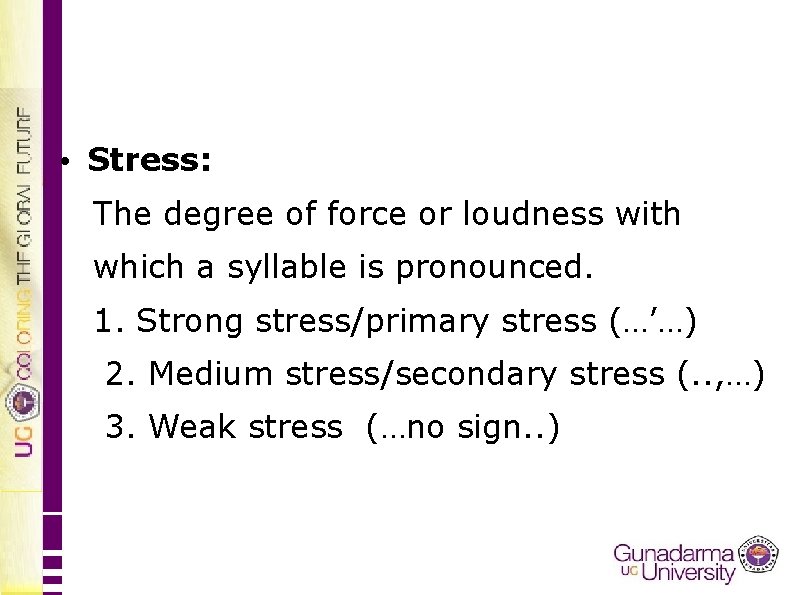  • Stress: The degree of force or loudness with which a syllable is