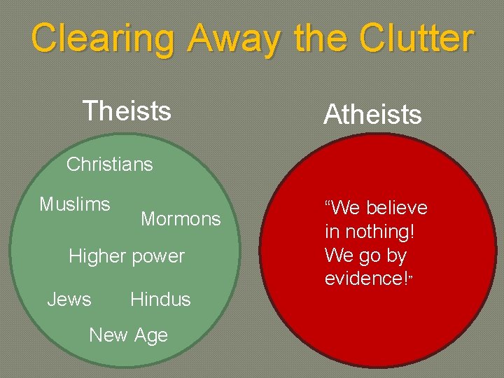 Clearing Away the Clutter Theists Atheists Christians Muslims Mormons Higher power Jews Hindus New