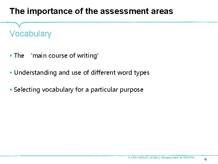 The importance of the assessment areas Vocabulary § The ‘main course of writing’ §