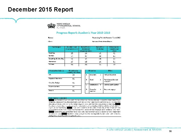 December 2015 Report A Life without Levels | Assessment at NAISAK 30 