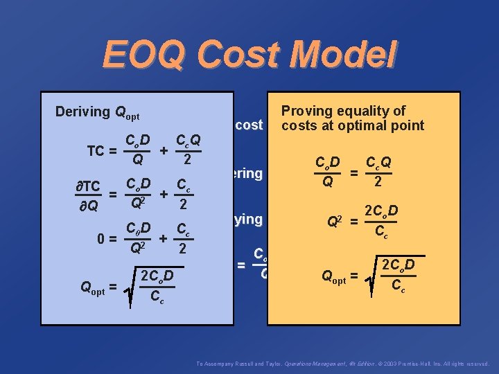 EOQ Cost Model CDeriving D - annual demand o - cost of. Qplacing order