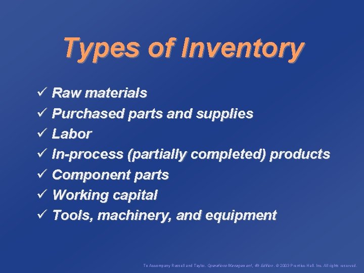 Types of Inventory ü Raw materials ü Purchased parts and supplies ü Labor ü