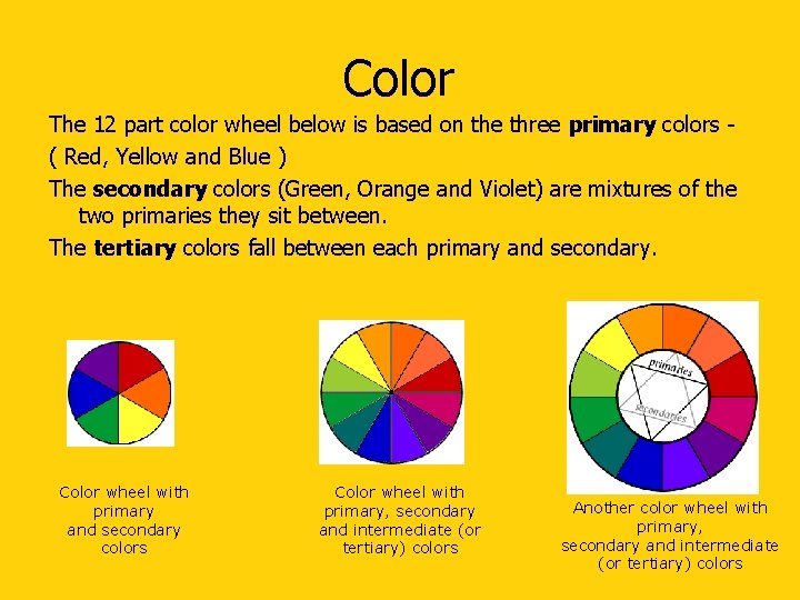 Color The 12 part color wheel below is based on the three primary colors