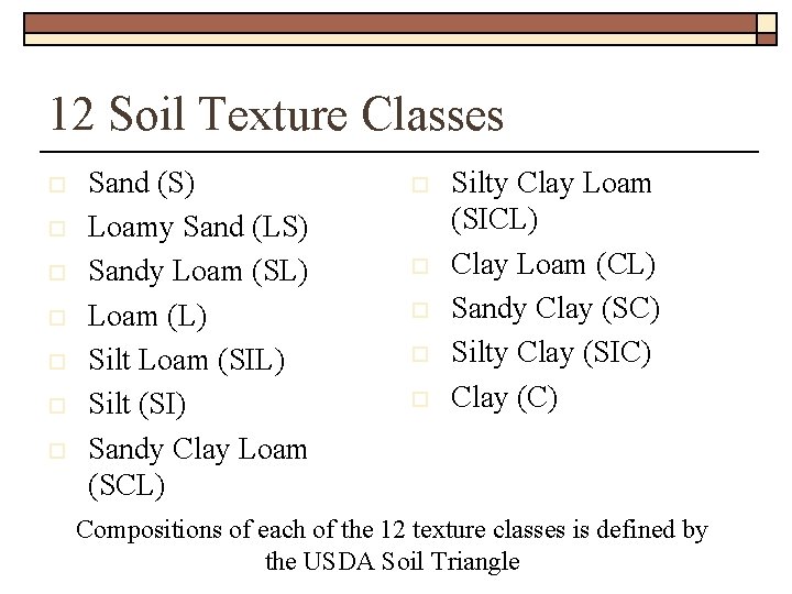 12 Soil Texture Classes o o o o Sand (S) Loamy Sand (LS) Sandy