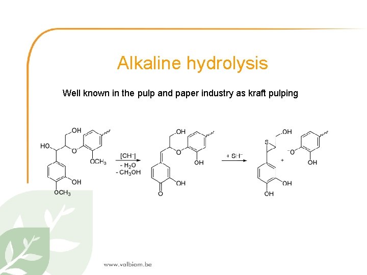 Alkaline hydrolysis Well known in the pulp and paper industry as kraft pulping 