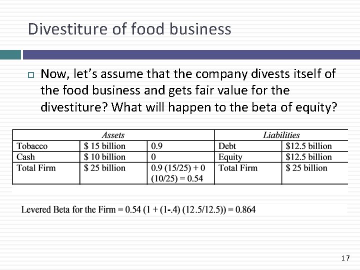 Divestiture of food business Now, let’s assume that the company divests itself of the
