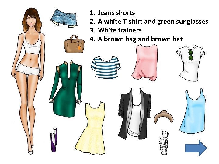 1. 2. 3. 4. Jeans shorts A white T-shirt and green sunglasses White trainers