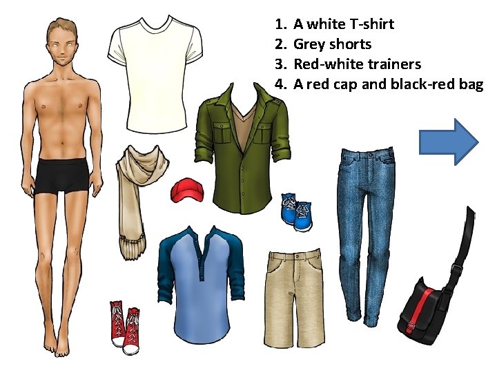 1. 2. 3. 4. A white T-shirt Grey shorts Red-white trainers A red cap