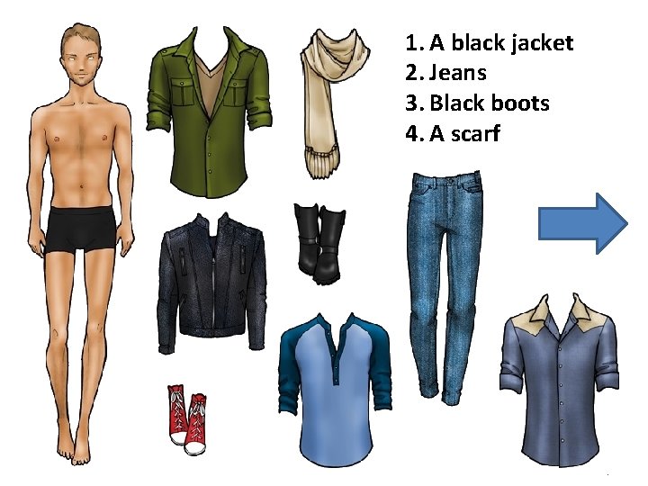 1. A black jacket 2. Jeans 3. Black boots 4. A scarf 