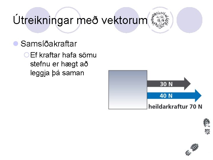 Útreikningar með vektorum l Samsíðakraftar ¡Ef kraftar hafa sömu stefnu er hægt að leggja