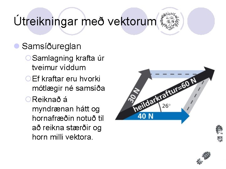 Útreikningar með vektorum l Samsíðureglan ¡Samlagning krafta úr tveimur víddum ¡Ef kraftar eru hvorki