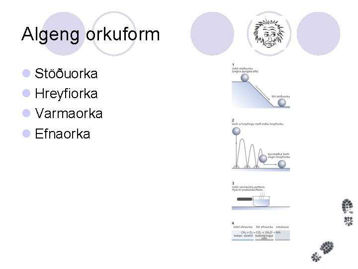 Algeng orkuform l Stöðuorka l Hreyfiorka l Varmaorka l Efnaorka 