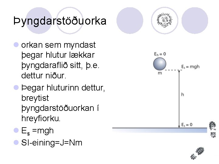 Þyngdarstöðuorka l orkan sem myndast þegar hlutur lækkar þyngdaraflið sitt, þ. e. dettur niður.