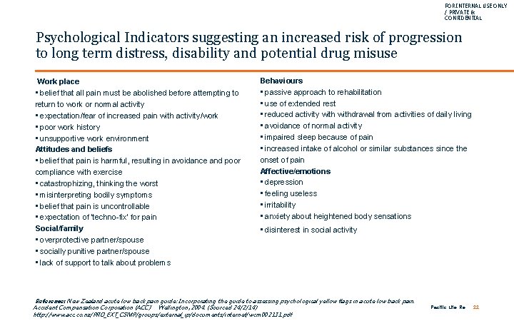 FOR INTERNAL USE ONLY / PRIVATE & CONFIDENTIAL Psychological Indicators suggesting an increased risk