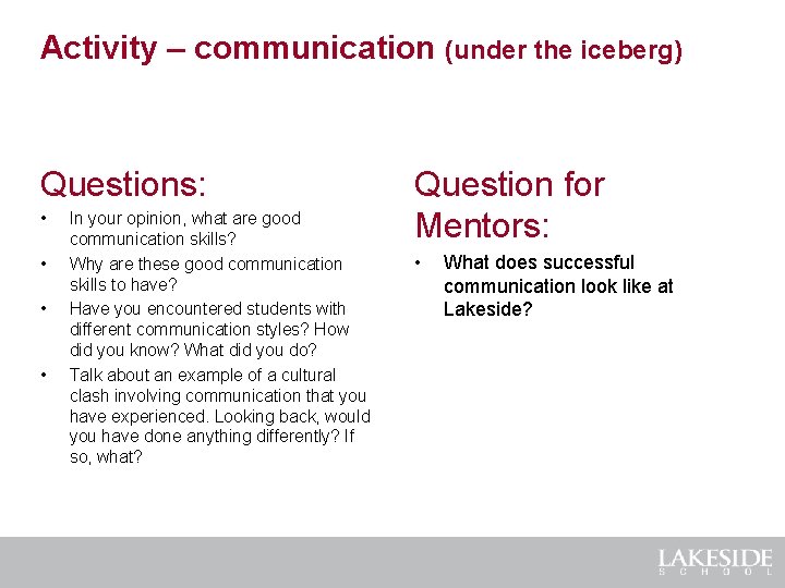 Activity – communication (under the iceberg) Questions: • • In your opinion, what are