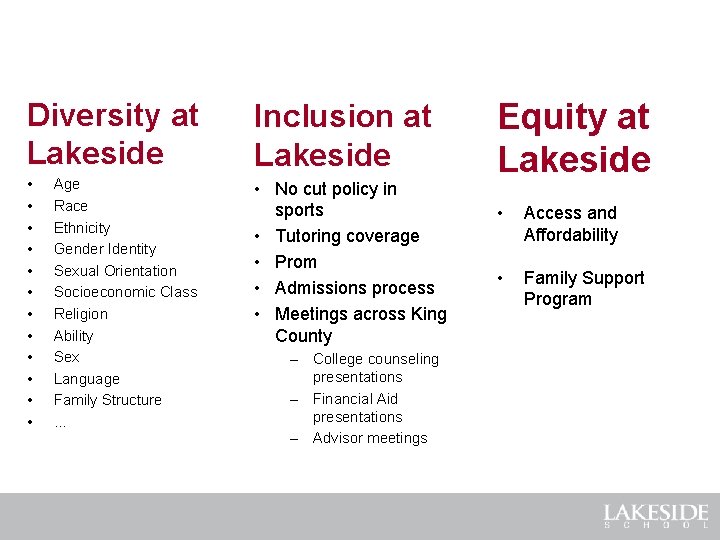 Diversity at Lakeside Inclusion at Lakeside • • • • No cut policy in