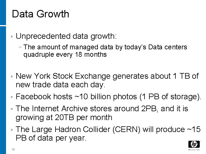 Data Growth • Unprecedented data growth: − The amount of managed data by today’s Data Growth • Unprecedented data growth: − The amount of managed data by today’s