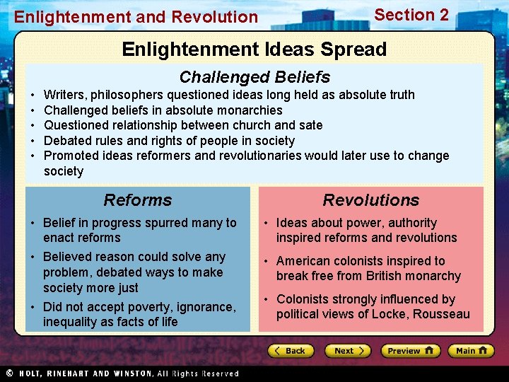 Section 2 Enlightenment and Revolution Enlightenment Ideas Spread Challenged Beliefs • • • Writers,