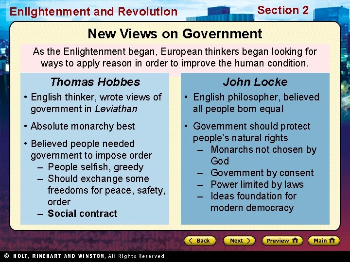 Enlightenment and Revolution Section 2 New Views on Government As the Enlightenment began, European