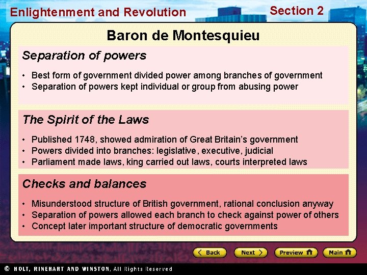 Enlightenment and Revolution Section 2 Baron de Montesquieu Separation of powers • Best form