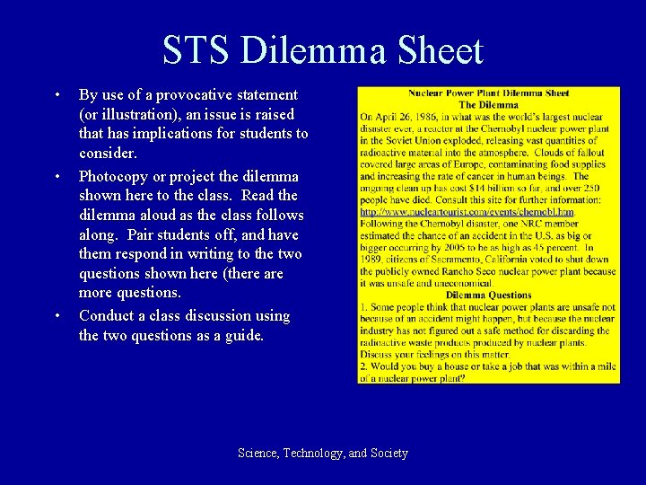 STS Dilemma Sheet • • • By use of a provocative statement (or illustration),