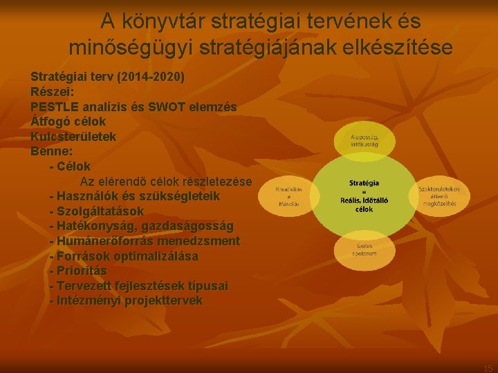 A könyvtár stratégiai tervének és minőségügyi stratégiájának elkészítése Stratégiai terv (2014 -2020) Részei: PESTLE