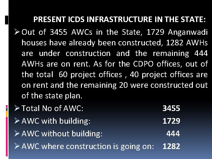 PRESENT ICDS INFRASTRUCTURE IN THE STATE: Ø Out of 3455 AWCs in the State,