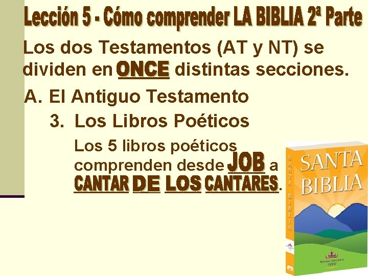 Los dos Testamentos (AT y NT) se dividen en _____ distintas secciones. A. El