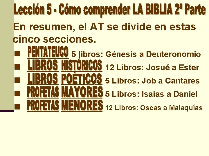 En resumen, el AT se divide en estas cinco secciones. n n n ____