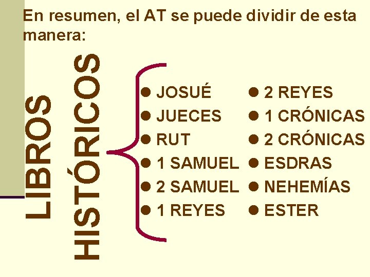 LIBROS HISTÓRICOS En resumen, el AT se puede dividir de esta manera: l JOSUÉ