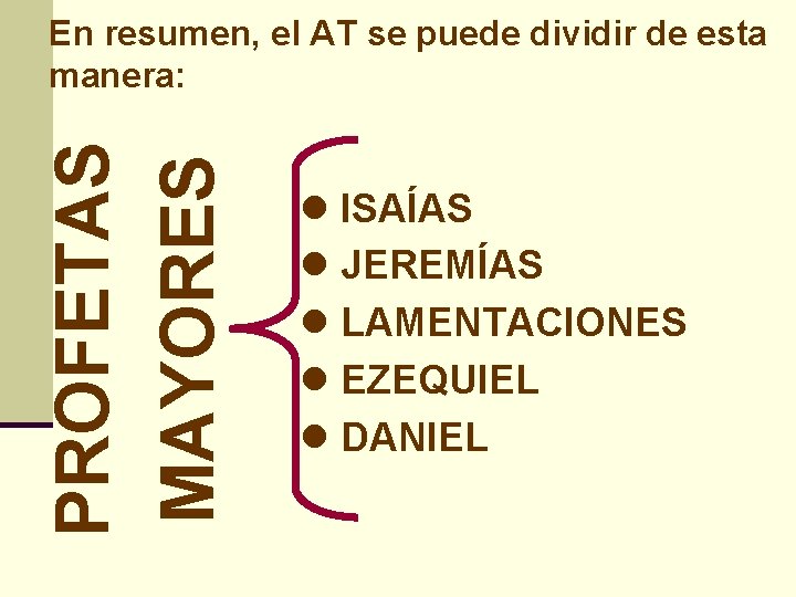 PROFETAS MAYORES En resumen, el AT se puede dividir de esta manera: l ISAÍAS