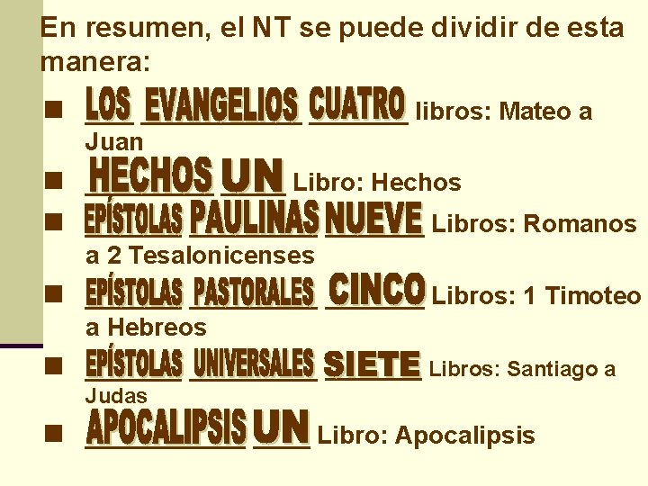En resumen, el NT se puede dividir de esta manera: n __________ libros: Mateo