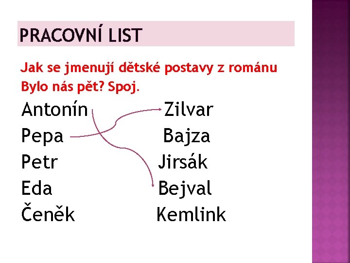 PRACOVNÍ LIST Jak se jmenují dětské postavy z románu Bylo nás pět? Spoj. Antonín