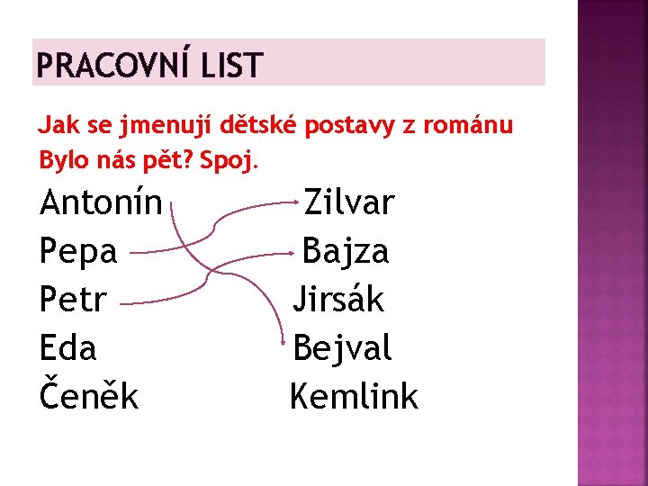 PRACOVNÍ LIST Jak se jmenují dětské postavy z románu Bylo nás pět? Spoj. Antonín