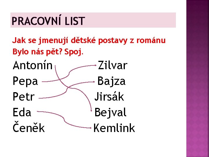 PRACOVNÍ LIST Jak se jmenují dětské postavy z románu Bylo nás pět? Spoj. Antonín