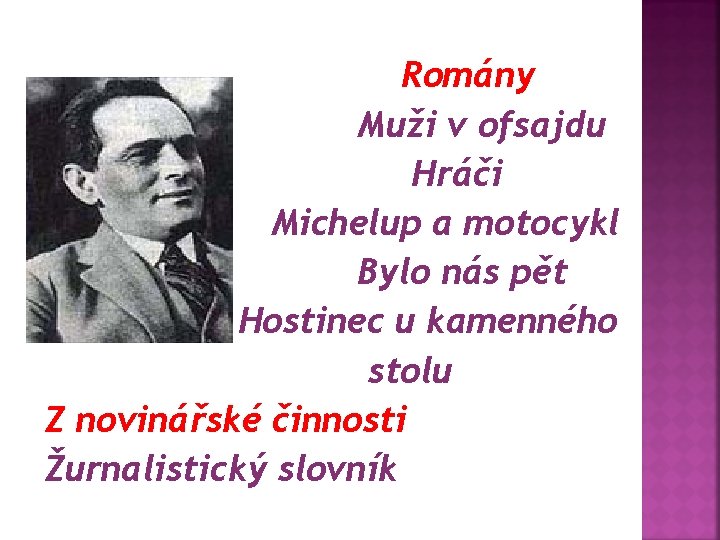 Romány Muži v ofsajdu Hráči Michelup a motocykl Bylo nás pět Hostinec u kamenného