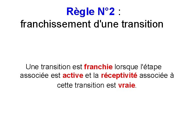 Règle N° 2 : franchissement d'une transition Une transition est franchie lorsque l'étape associée