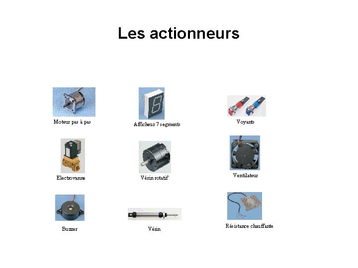 Les actionneurs Moteur pas à pas Afficheur 7 segments Electrovanne Vérin rotatif Buzzer Vérin