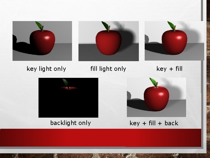 key light only fill light only backlight only key + fill + back 