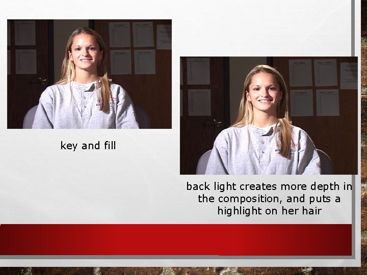 key and fill back light creates more depth in the composition, and puts a