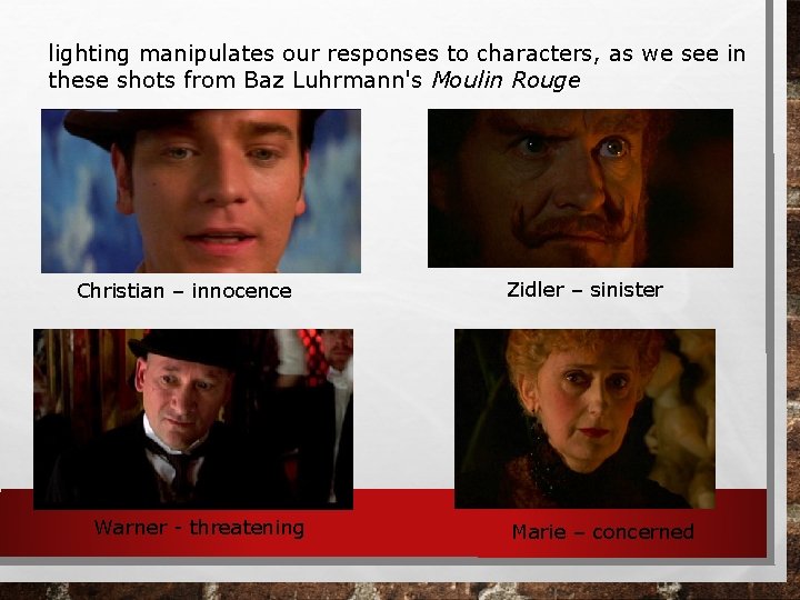 lighting manipulates our responses to characters, as we see in these shots from Baz