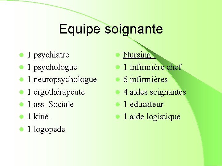 Equipe soignante l l l l 1 psychiatre 1 psychologue 1 neuropsychologue 1 ergothérapeute