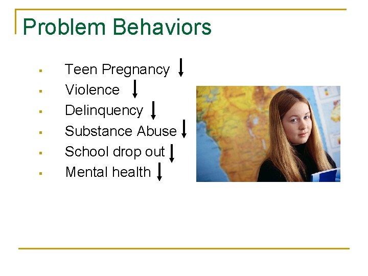 Problem Behaviors § § § Teen Pregnancy Violence Delinquency Substance Abuse School drop out