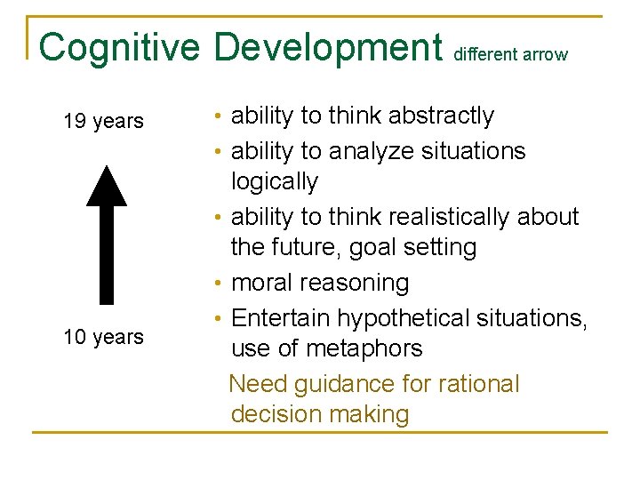 Cognitive Development different arrow 19 years • ability to think abstractly • ability to