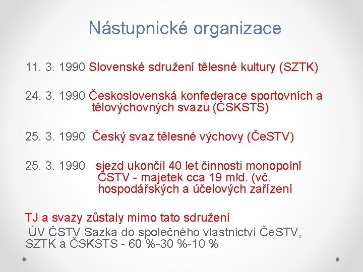 Nástupnické organizace 11. 3. 1990 Slovenské sdružení tělesné kultury (SZTK) 24. 3. 1990 Československá