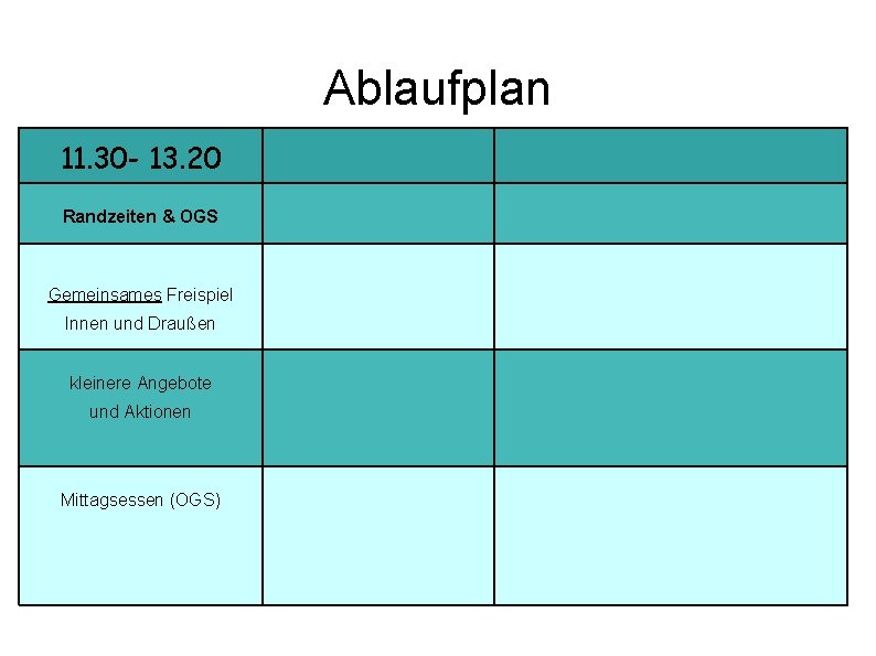 Ablaufplan 11. 30 - 13. 20 Randzeiten & OGS Gemeinsames Freispiel Innen und Draußen