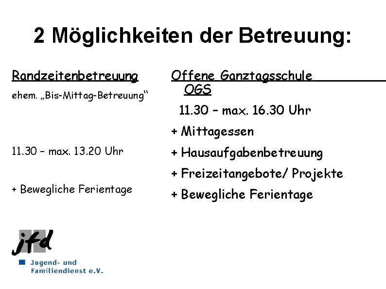 2 Möglichkeiten der Betreuung: Randzeitenbetreuung ehem. „Bis-Mittag-Betreuung“ Offene Ganztagsschule OGS 11. 30 – max.