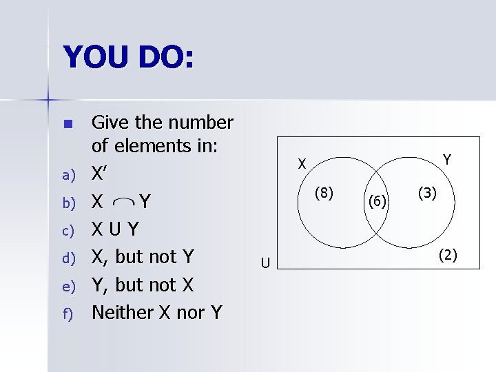 YOU DO: n a) b) c) d) e) f) Give the number of elements